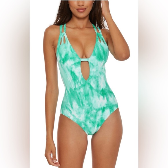 ‼️RARE‼️🎸BECCA🎸🔥NWT🔥Crystal Ribbed Tie Dye One-Piece Swimsuit in Green— Size M - Picture 3 of 15